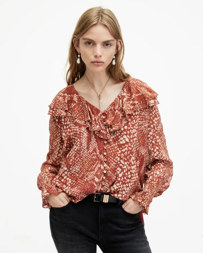Phoebe Waimea Animal Print Frill Top Red Clay Women AllSaints Tops and Shirts