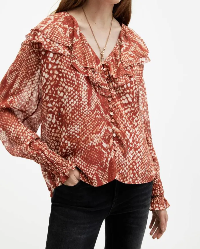 Phoebe Waimea Animal Print Frill Top Red Clay Women AllSaints Tops and Shirts Phoebe Waimea Animal Print Frill Top Red Clay Women AllSaints Tops and Shirts