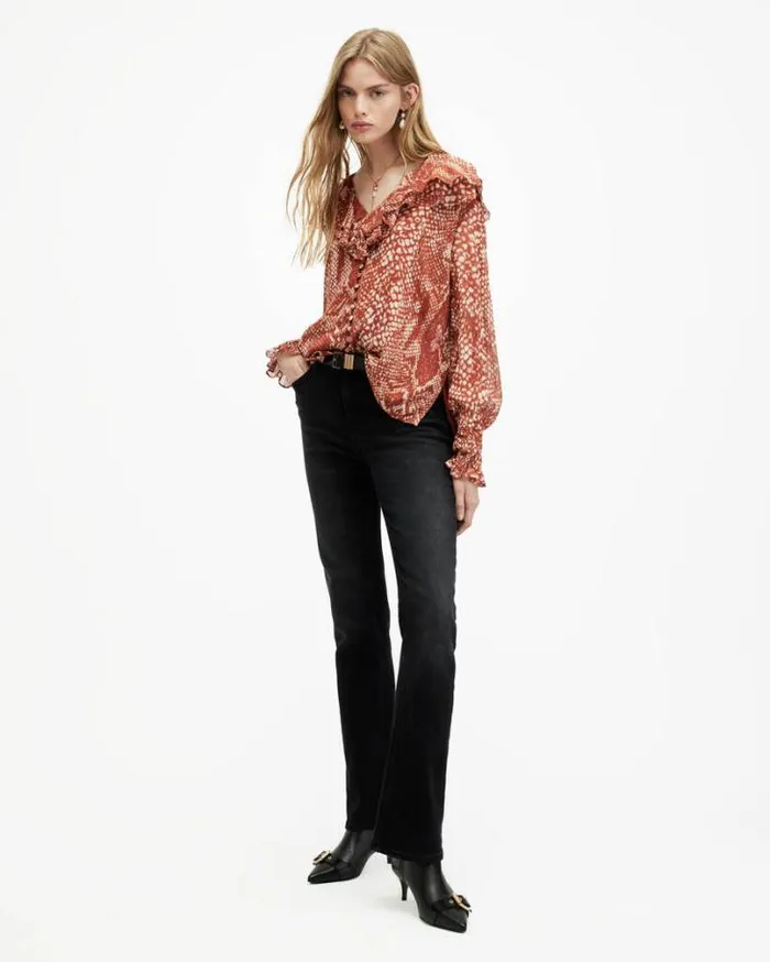 Phoebe Waimea Animal Print Frill Top Red Clay Women AllSaints Tops and Shirts Phoebe Waimea Animal Print Frill Top Red Clay Women AllSaints Tops and Shirts