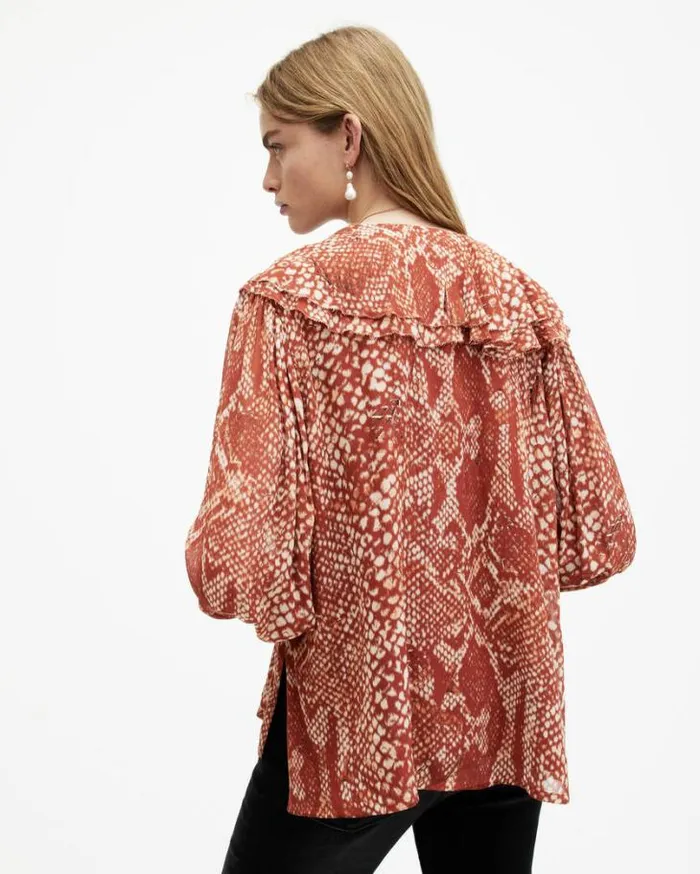 Phoebe Waimea Animal Print Frill Top Red Clay Women AllSaints Tops and Shirts Phoebe Waimea Animal Print Frill Top Red Clay Women AllSaints Tops and Shirts