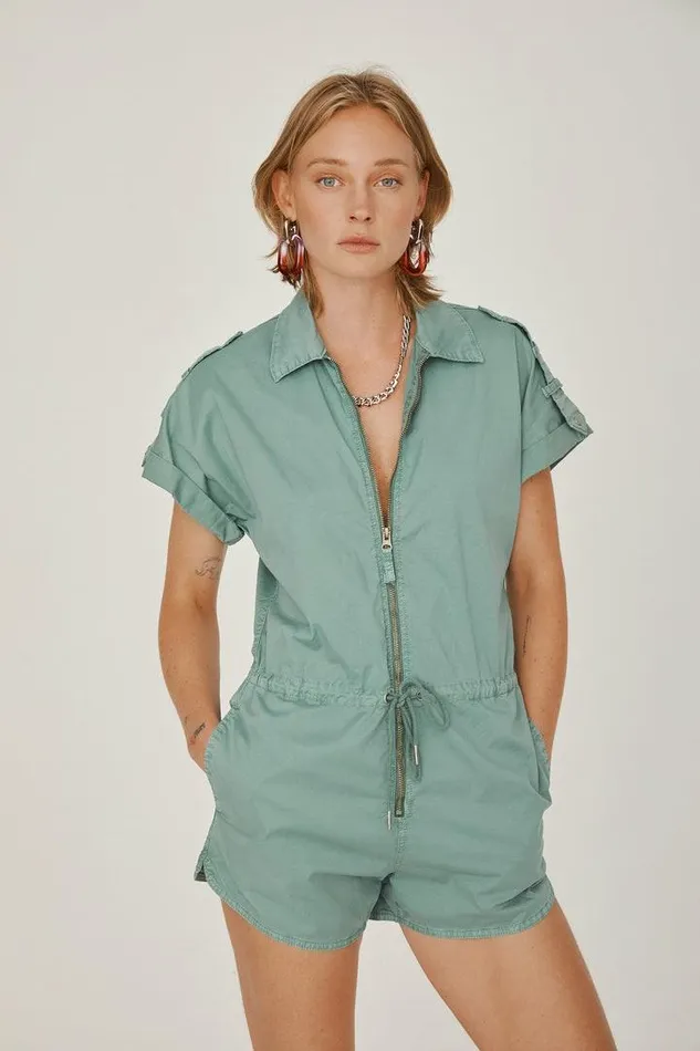 Pistola Denim Jumpsuits and Rompers Women Meg Short Sleeve Zip Front Romper 8211 Clover Clover