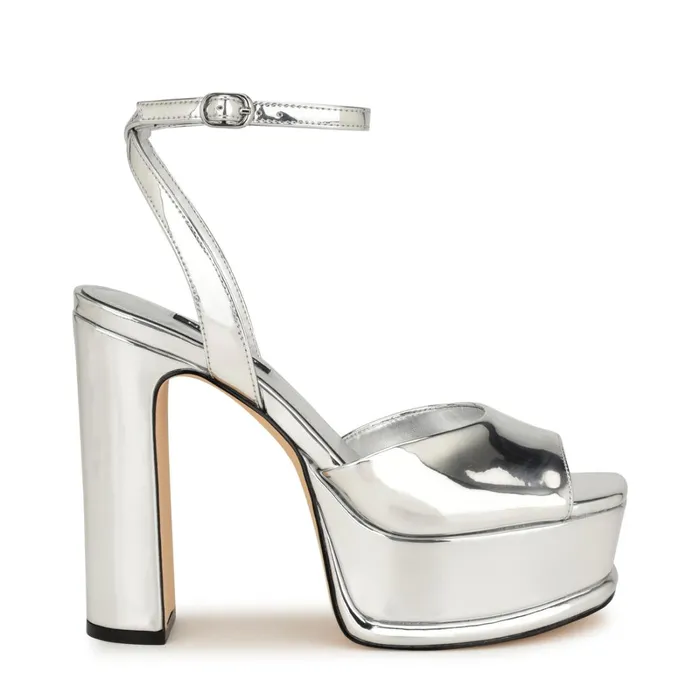 Platt Platform Ankle Strap Sandals Silver Women Nine West High Heels