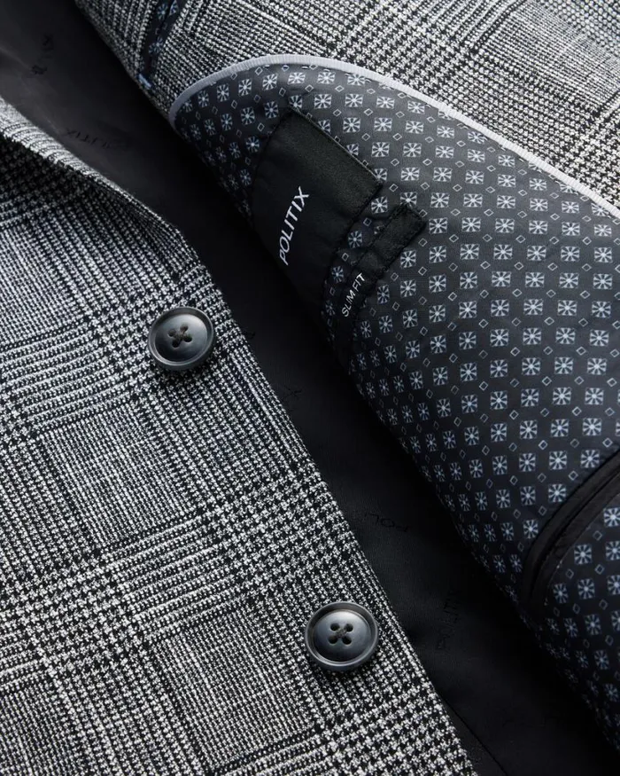 Politix Blazers Men Slim Fit Check Tailored Jacket Grey Check