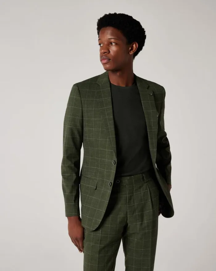 Politix Blazers Men Slim Stretch Windowpane Check Tailored Jacket Khaki Windowpane