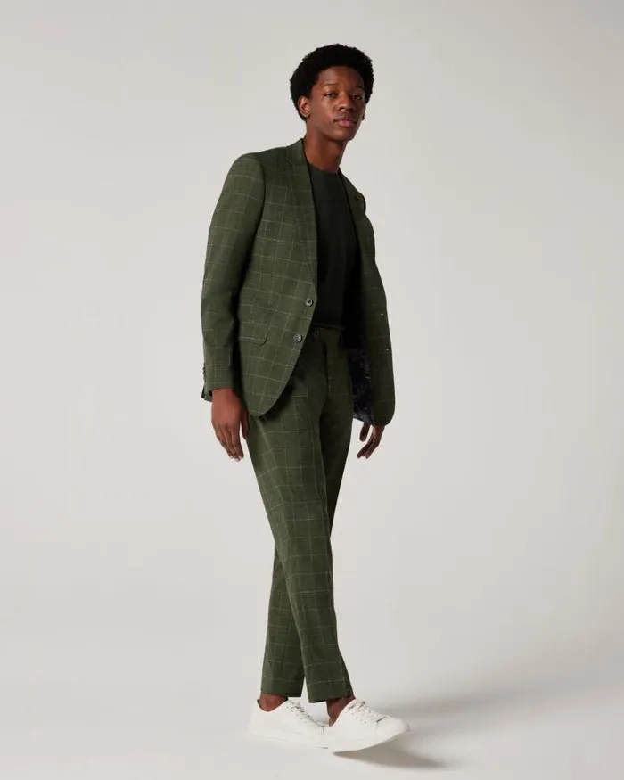 Politix Blazers Men Slim Stretch Windowpane Check Tailored Jacket Khaki Windowpane