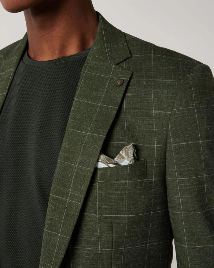 Politix Blazers Men Slim Stretch Windowpane Check Tailored Jacket Khaki Windowpane