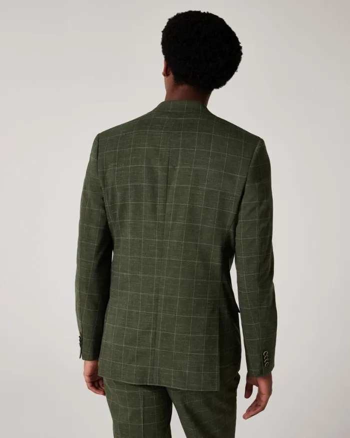 Politix Blazers Men Slim Stretch Windowpane Check Tailored Jacket Khaki Windowpane