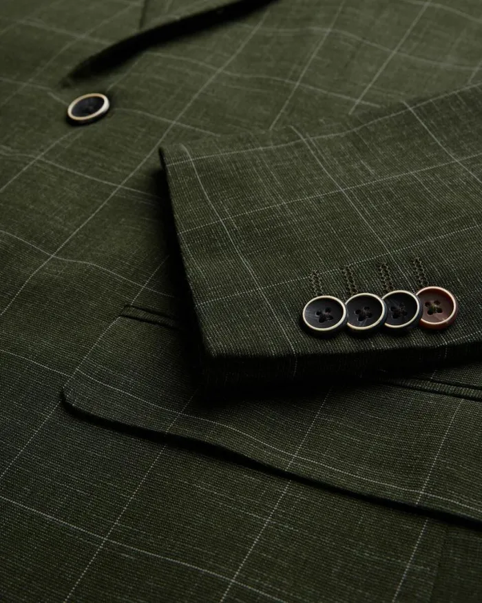 Politix Blazers Men Slim Stretch Windowpane Check Tailored Jacket Khaki Windowpane