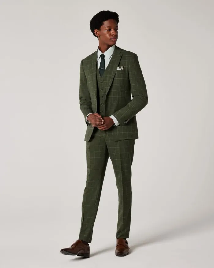 Politix Blazers Men Slim Stretch Windowpane Check Tailored Jacket Khaki Windowpane