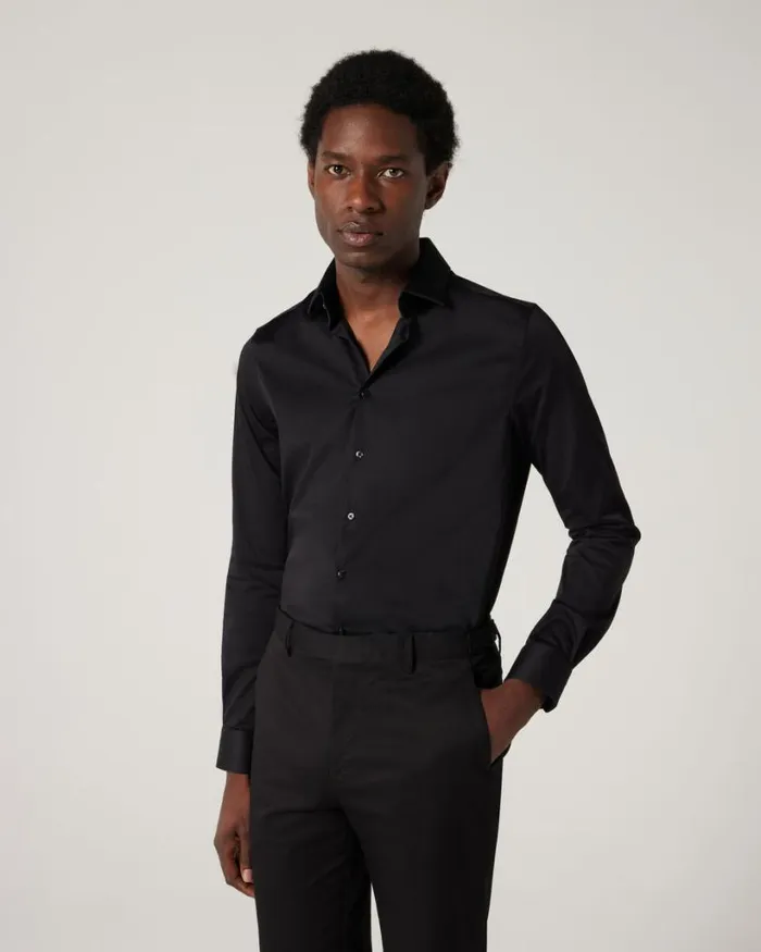 Politix Formal Shirts Men Slim Sateen Long Sleeve Shirt Black