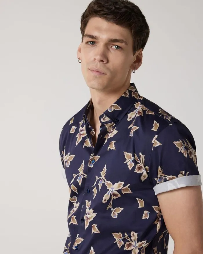 Politix Shirts Men Abstract Print Short Sleeve Shirt Navy
