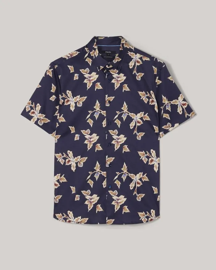 Politix Shirts Men Abstract Print Short Sleeve Shirt Navy