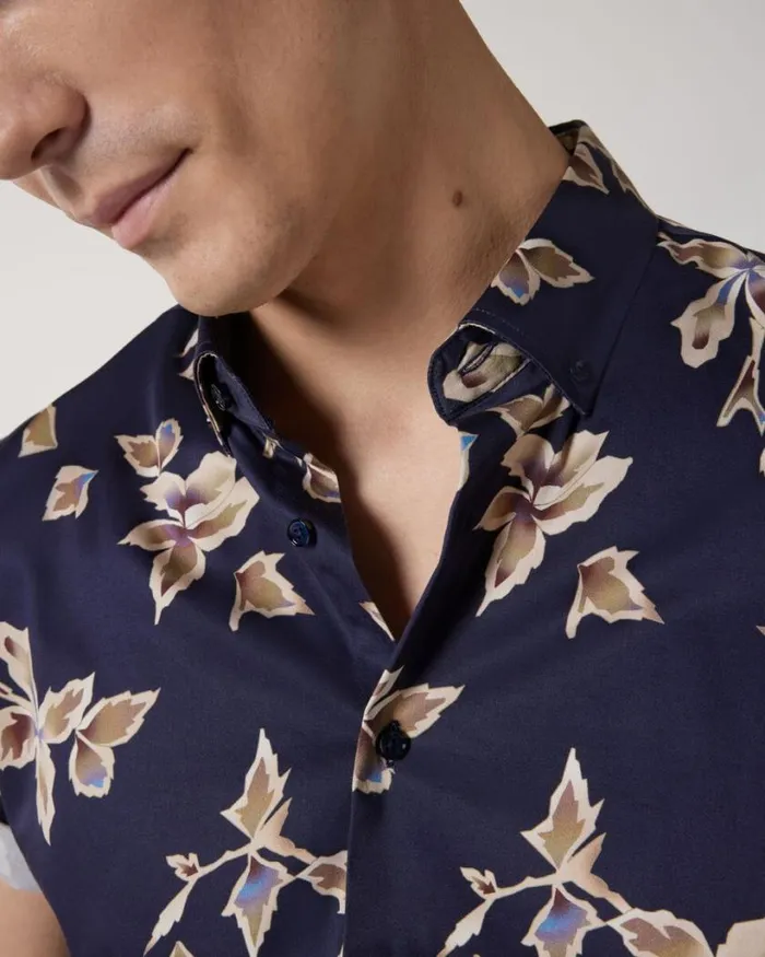 Politix Shirts Men Abstract Print Short Sleeve Shirt Navy