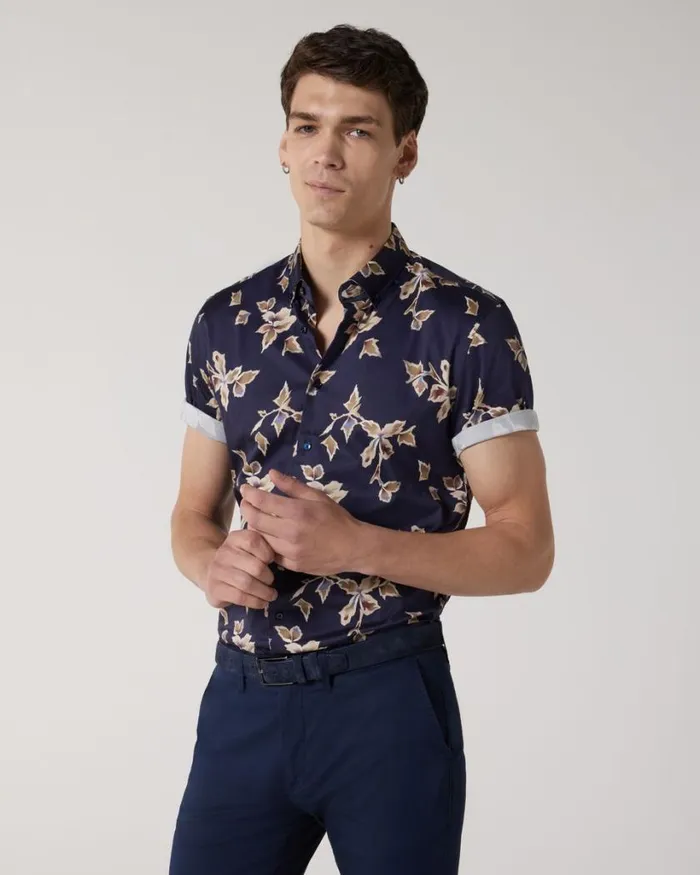 Politix Shirts Men Abstract Print Short Sleeve Shirt Navy