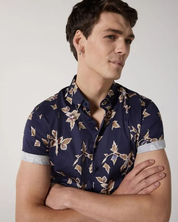 Politix Shirts Men Abstract Print Short Sleeve Shirt Navy