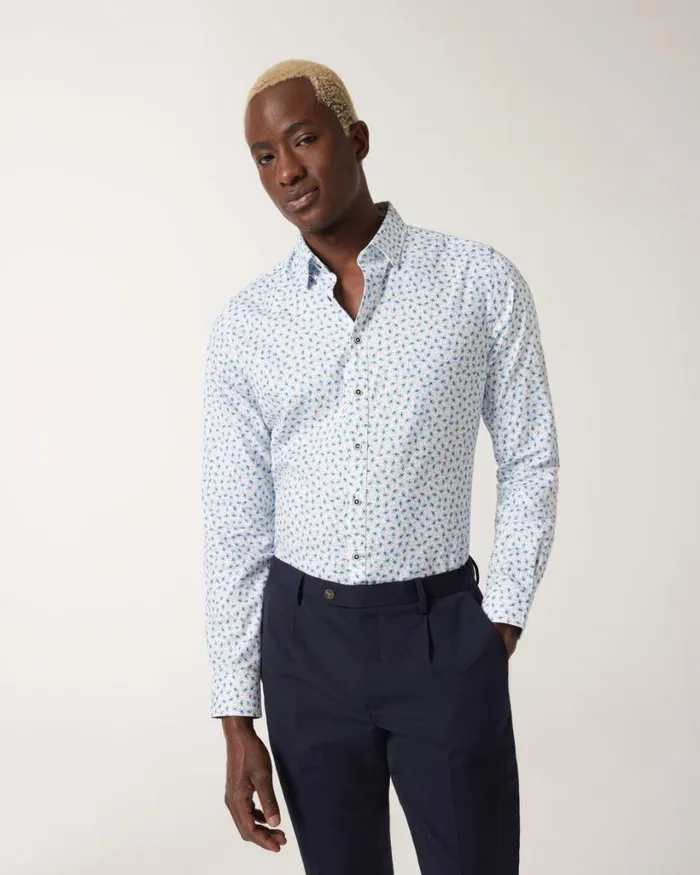 Politix Shirts Men Painted Floral Print Dress Shirt Blue