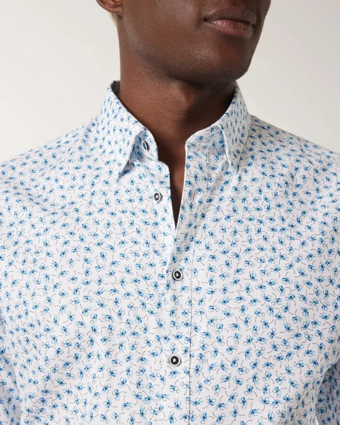 Politix Shirts Men Painted Floral Print Dress Shirt Blue