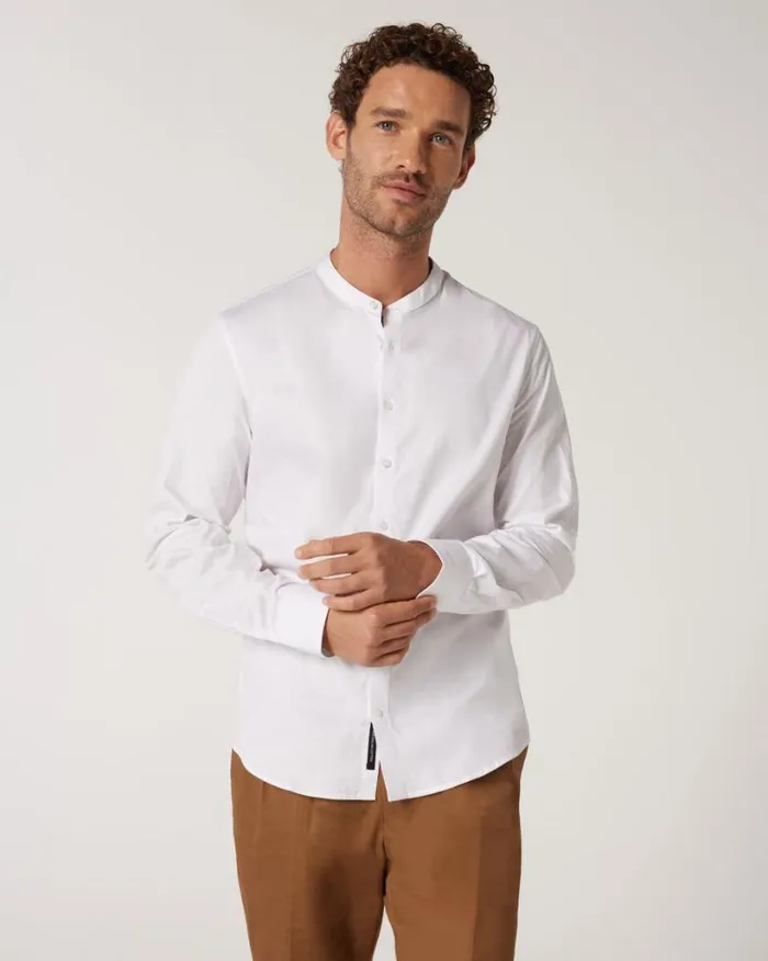 Politix Shirts Men Slim Long Sleeve Grandad Collar Shirt White