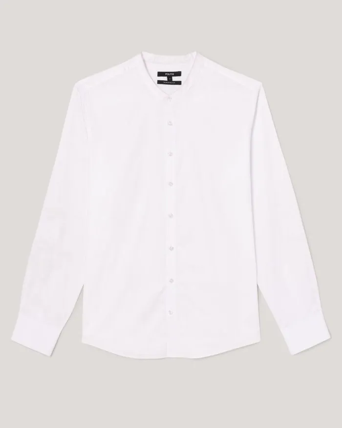 Politix Shirts Men Slim Long Sleeve Grandad Collar Shirt White
