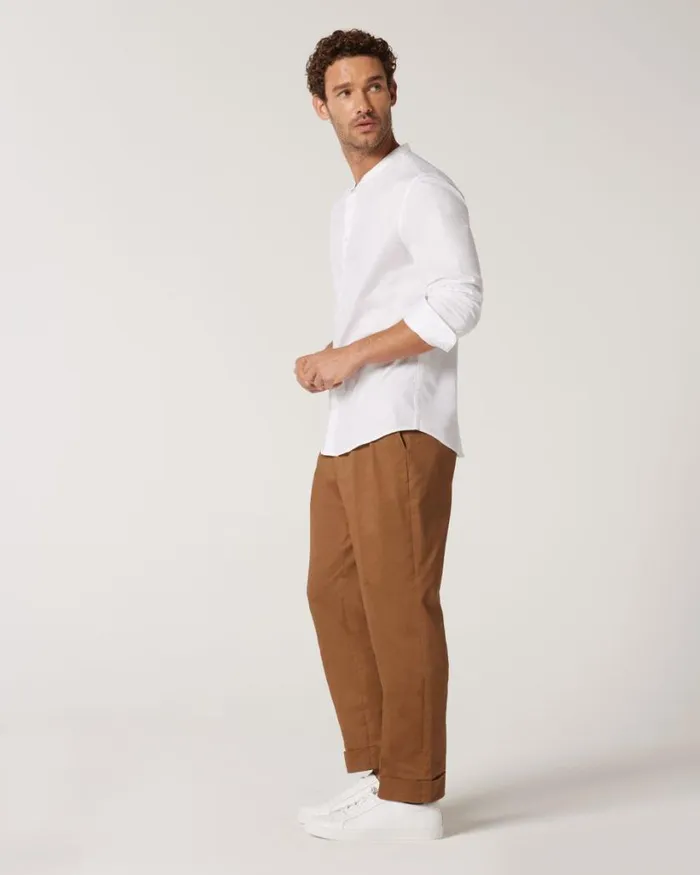 Politix Shirts Men Slim Long Sleeve Grandad Collar Shirt White