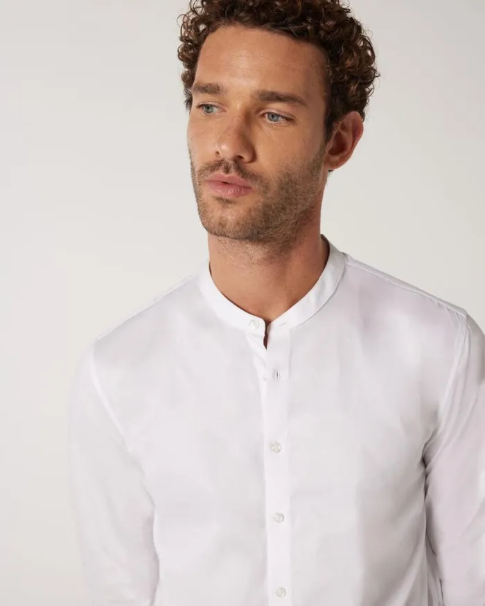 Politix Shirts Men Slim Long Sleeve Grandad Collar Shirt White
