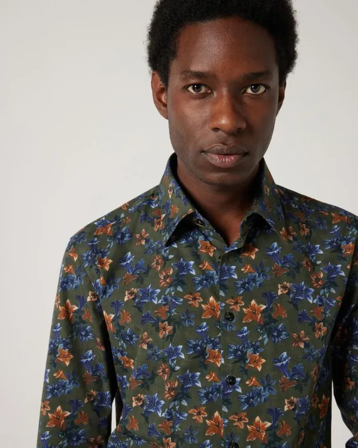 Politix Shirts Men Slim Stretch Fit Premium Italian Floral Print Long Sleeve Shirt Khaki