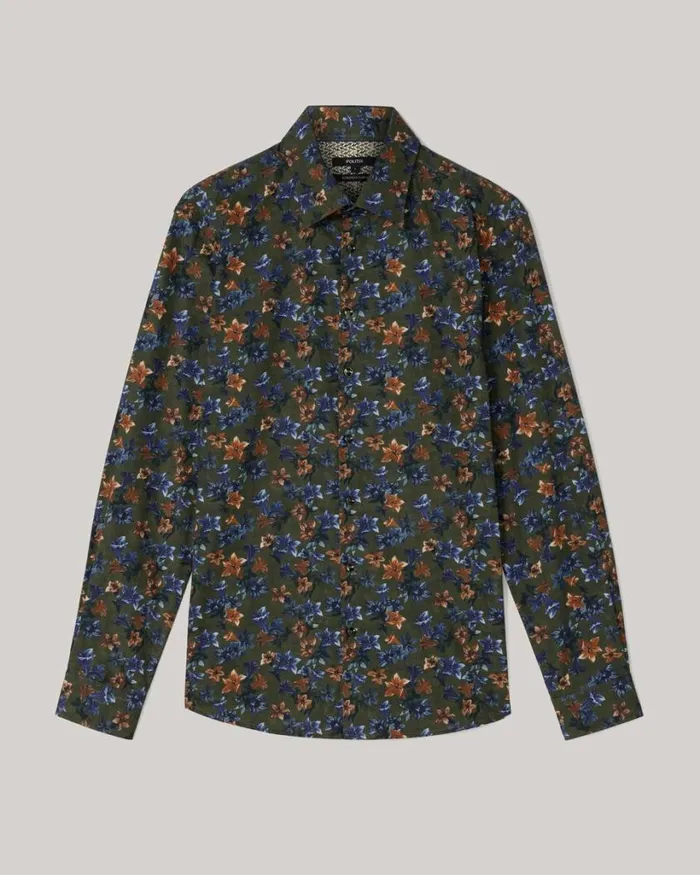 Politix Shirts Men Slim Stretch Fit Premium Italian Floral Print Long Sleeve Shirt Khaki