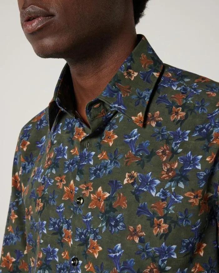 Politix Shirts Men Slim Stretch Fit Premium Italian Floral Print Long Sleeve Shirt Khaki