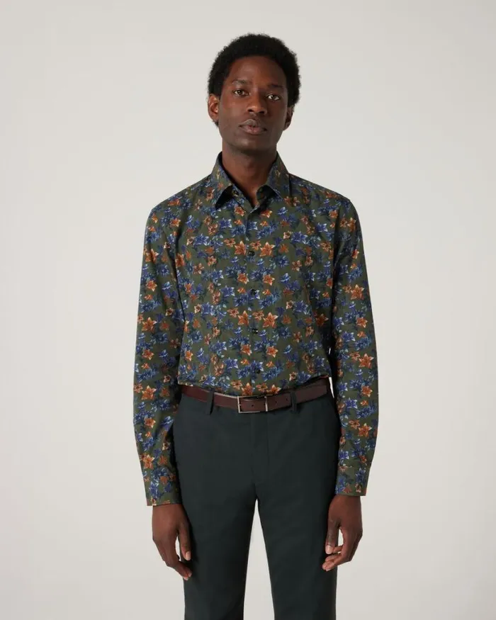 Politix Shirts Men Slim Stretch Fit Premium Italian Floral Print Long Sleeve Shirt Khaki