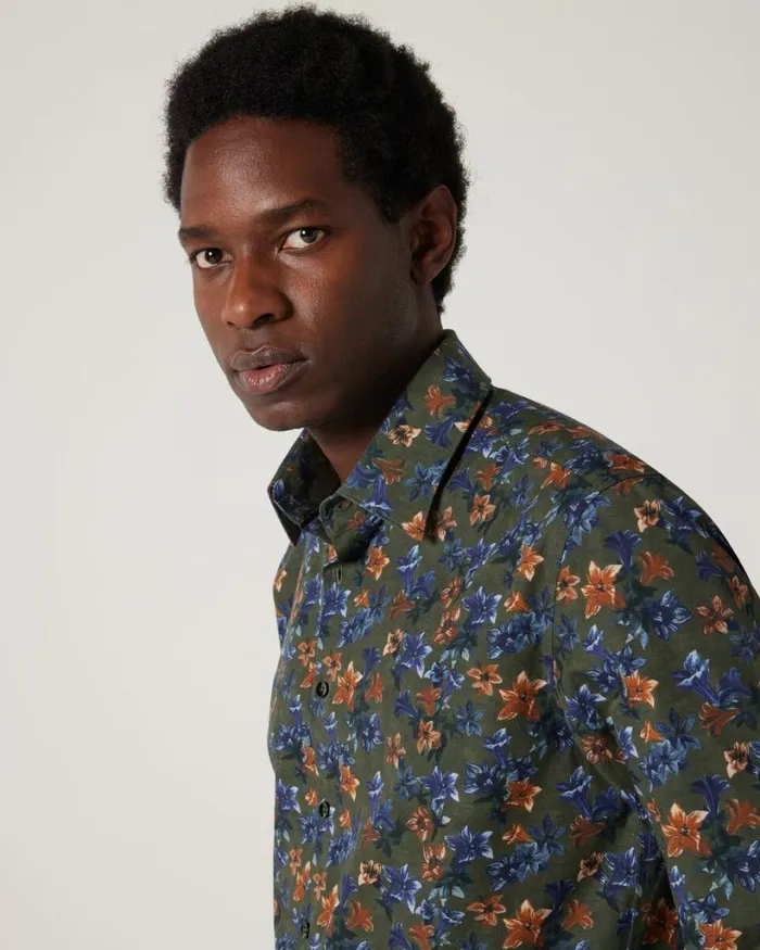 Politix Shirts Men Slim Stretch Fit Premium Italian Floral Print Long Sleeve Shirt Khaki