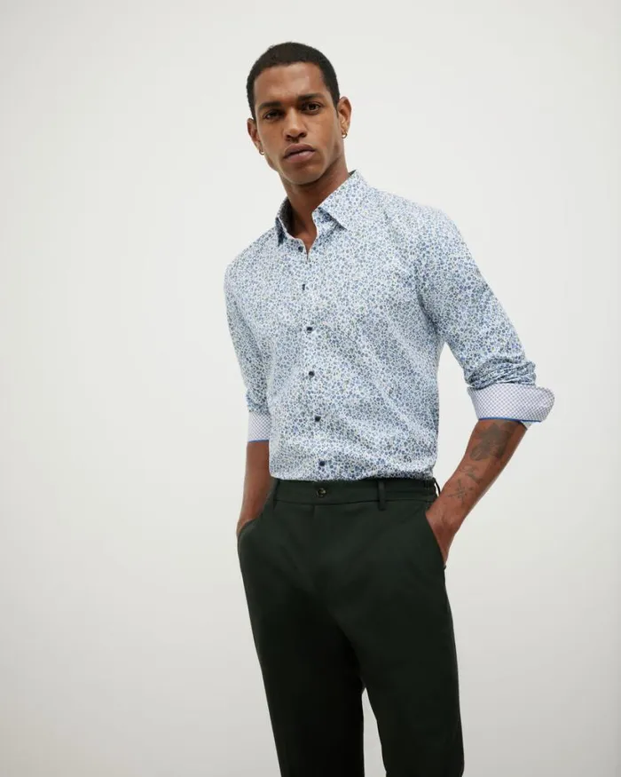 Politix Shirts Men Textured Floral Long Sleeve Shirt Blue