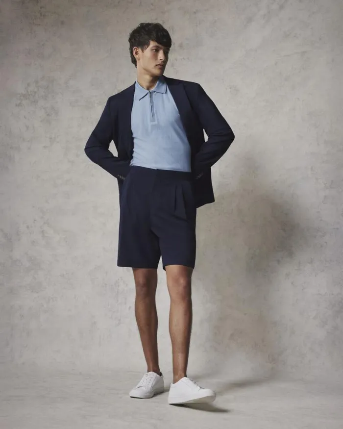 Politix Shorts Men Wool Blend Elastic Waist Tailored Short Navy