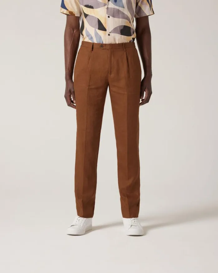 Politix Suit Pants Men Relaxed Tailored Linen Pant Rust
