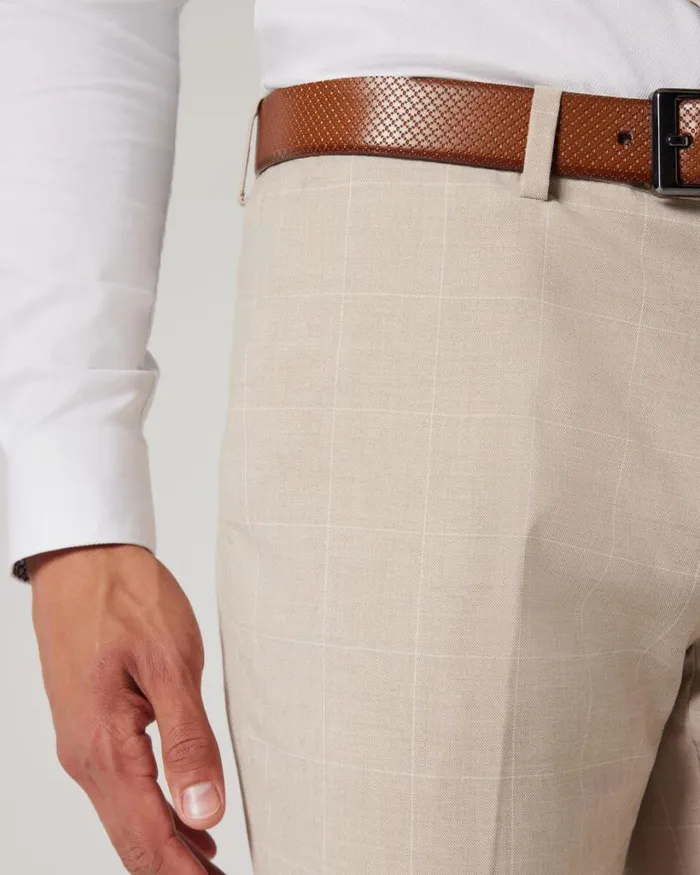Politix Suit Pants Men Slim Stretch Windowpane Check Tailored Pant Natural Windowpane