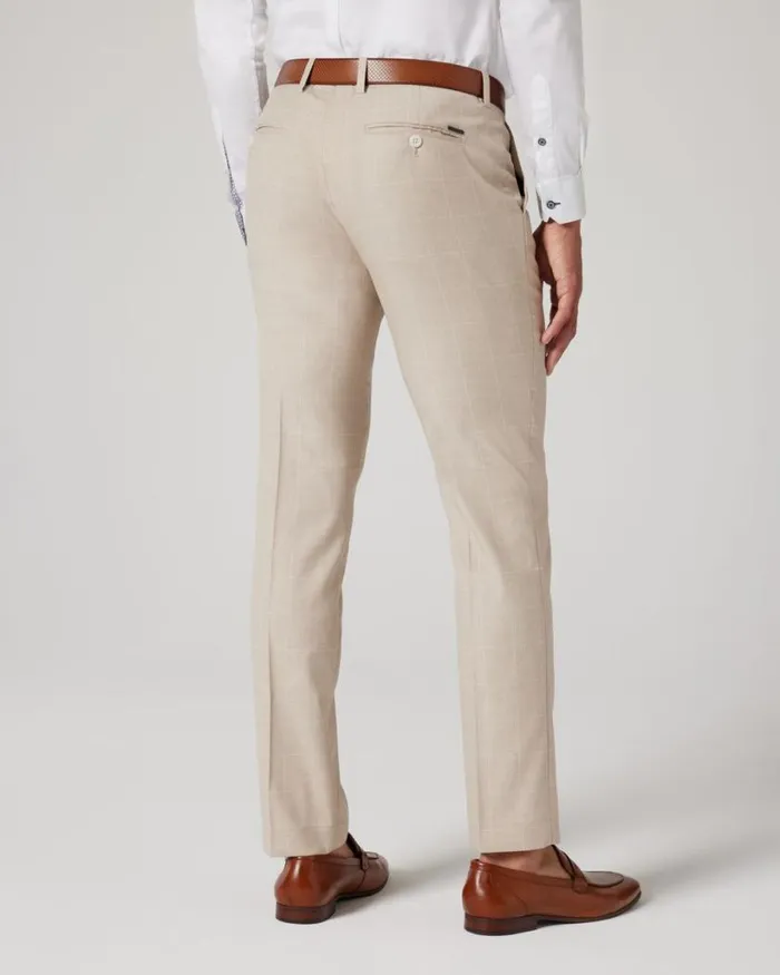 Politix Suit Pants Men Slim Stretch Windowpane Check Tailored Pant Natural Windowpane