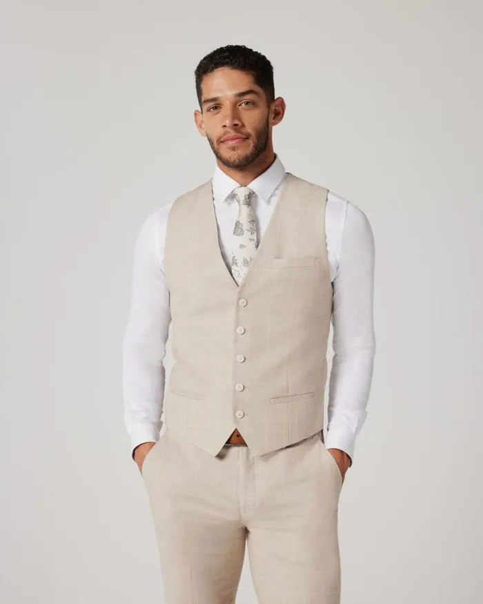 Politix Vests Men 5 Button Windowpane Check Tailored Vest Natural Windowpane