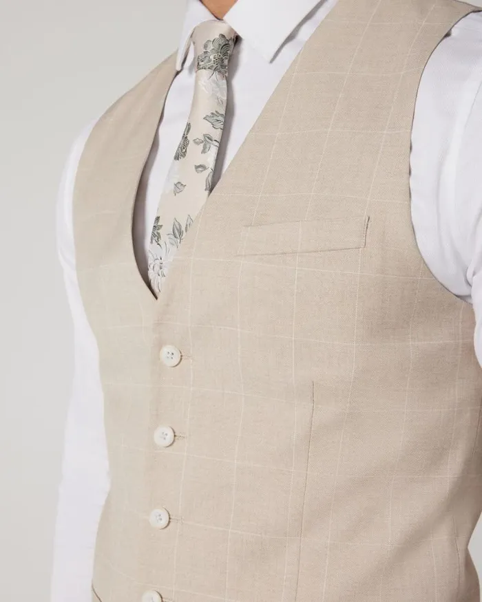Politix Vests Men 5 Button Windowpane Check Tailored Vest Natural Windowpane