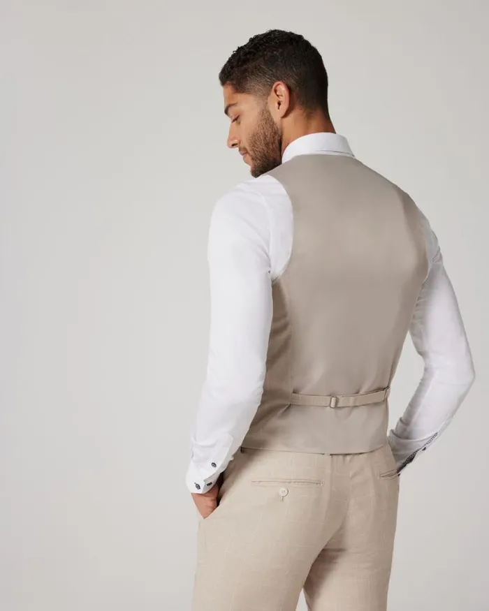 Politix Vests Men 5 Button Windowpane Check Tailored Vest Natural Windowpane