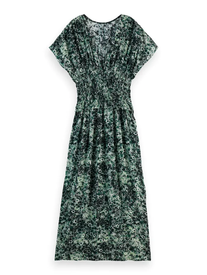 PRINTED MODAL SMOCK WAIST MAXI DRESS Shibori Floral Green Women Scotch and Soda Dresses and Jumpsuits PRINTED MODAL SMOCK WAIST MAXI DRESS Shibori Floral Green Women Scotch and Soda Dresses and Jumpsuits