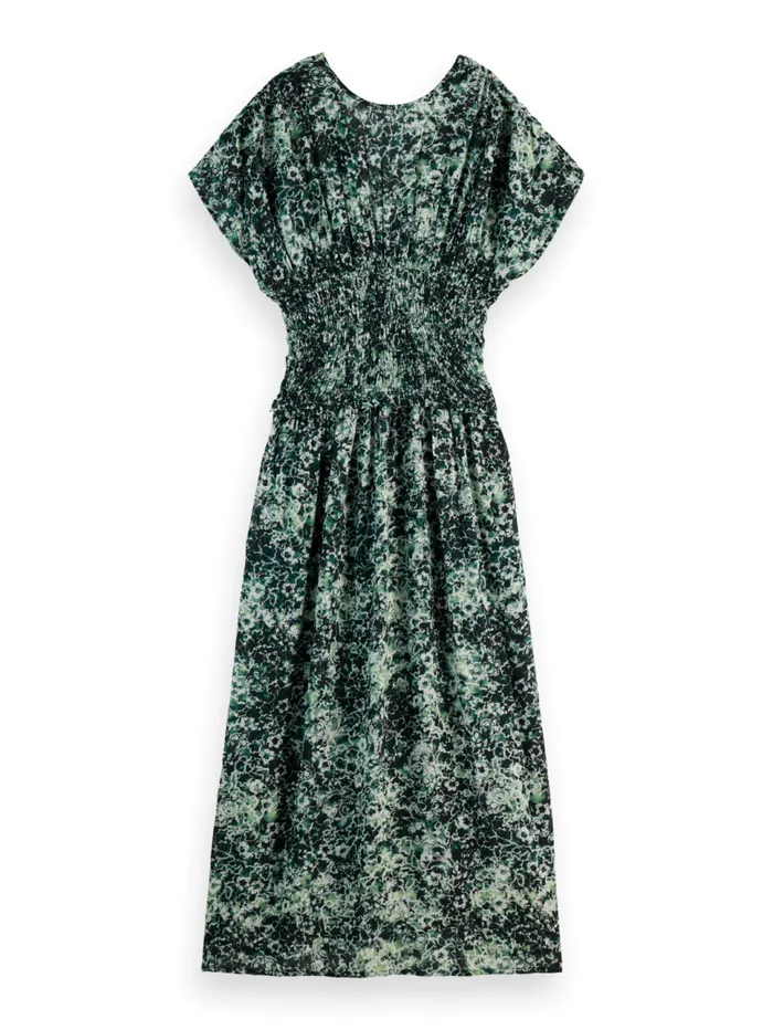 PRINTED MODAL SMOCK WAIST MAXI DRESS Shibori Floral Green Women Scotch and Soda Dresses and Jumpsuits PRINTED MODAL SMOCK WAIST MAXI DRESS Shibori Floral Green Women Scotch and Soda Dresses and Jumpsuits