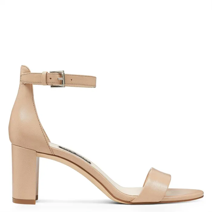 Pruce Ankle Strap Block Heel Sandals Barely Nude Leather Women Nine West Mid Heels