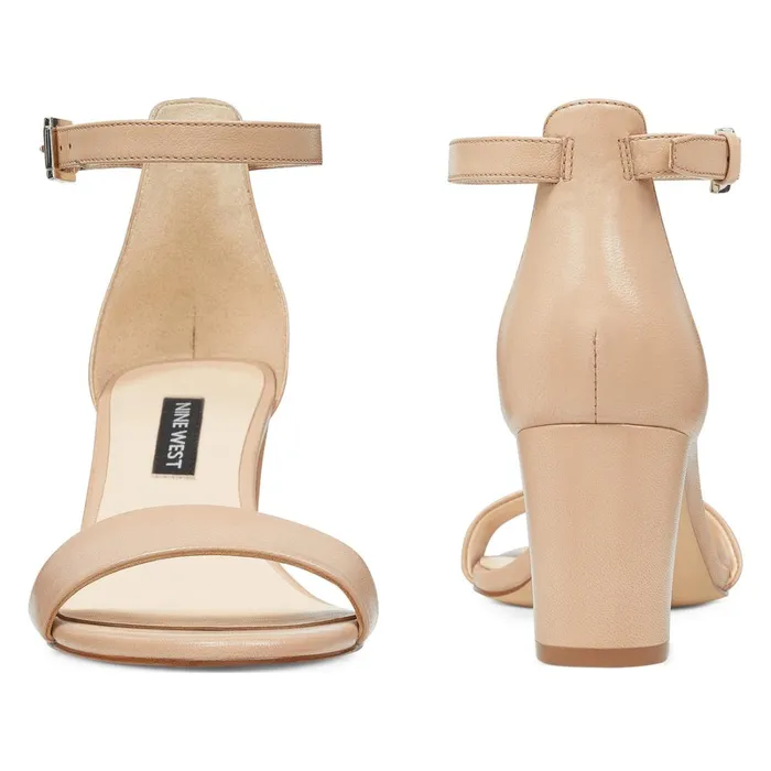 Pruce Ankle Strap Block Heel Sandals Barely Nude Leather Women Nine West Mid Heels Pruce Ankle Strap Block Heel Sandals Barely Nude Leather Women Nine West Mid Heels