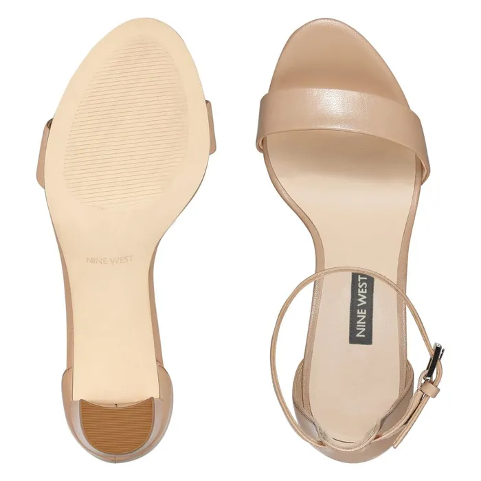 Pruce Ankle Strap Block Heel Sandals Barely Nude Leather Women Nine West Mid Heels Pruce Ankle Strap Block Heel Sandals Barely Nude Leather Women Nine West Mid Heels