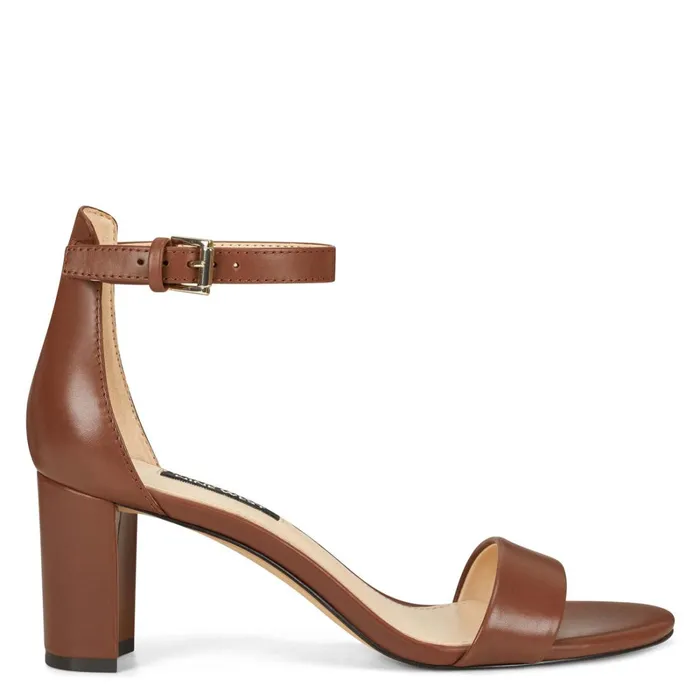 Pruce Ankle Strap Block Heel Sandals Dark Brown Leather Women Nine West Heeled