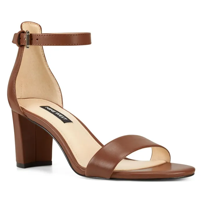 Pruce Ankle Strap Block Heel Sandals Dark Brown Leather Women Nine West Heeled Pruce Ankle Strap Block Heel Sandals Dark Brown Leather Women Nine West Heeled
