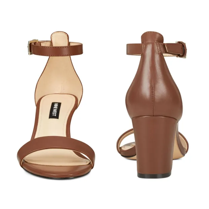 Pruce Ankle Strap Block Heel Sandals Dark Brown Leather Women Nine West Heeled Pruce Ankle Strap Block Heel Sandals Dark Brown Leather Women Nine West Heeled