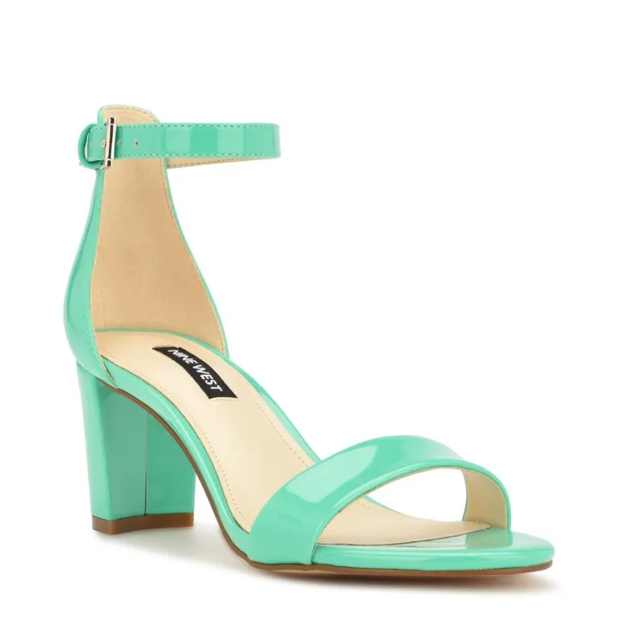 Pruce Ankle Strap Block Heel Sandals Neon Mint Green Patent Women Nine West Heeled Pruce Ankle Strap Block Heel Sandals Neon Mint Green Patent Women Nine West Heeled