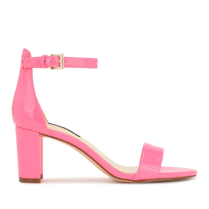 Pruce Ankle Strap Block Heel Sandals Neon Pink Patent Women Nine West Mid Heels