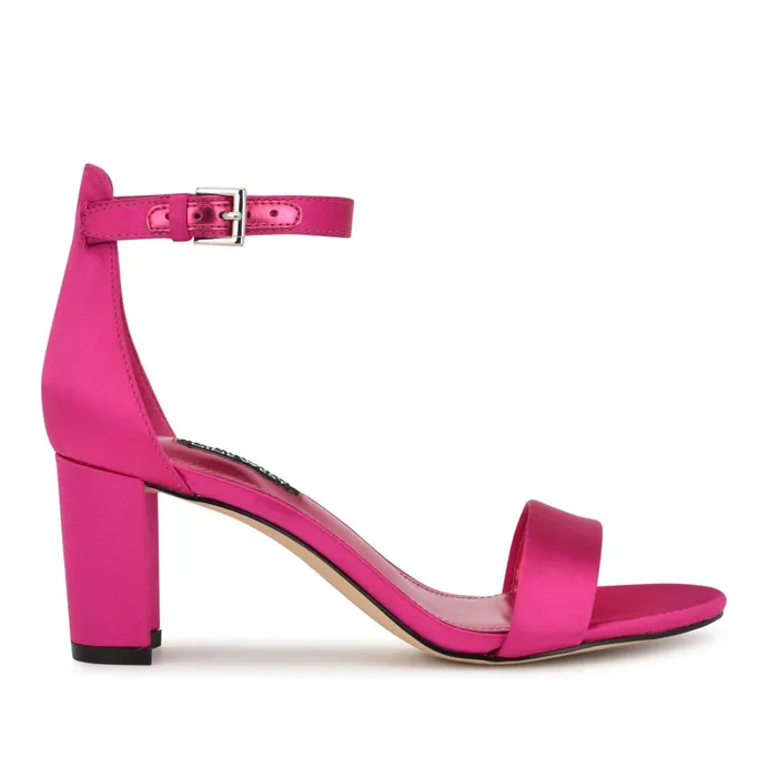 Pruce Ankle Strap Block Heel Sandals Pink Satin Women Nine West Mid Heels