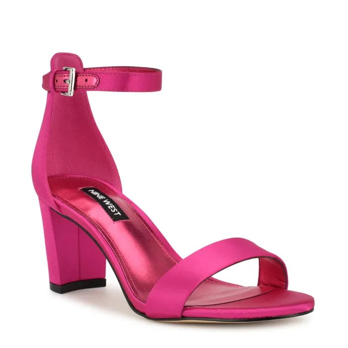 Pruce Ankle Strap Block Heel Sandals Pink Satin Women Nine West Mid Heels Pruce Ankle Strap Block Heel Sandals Pink Satin Women Nine West Mid Heels
